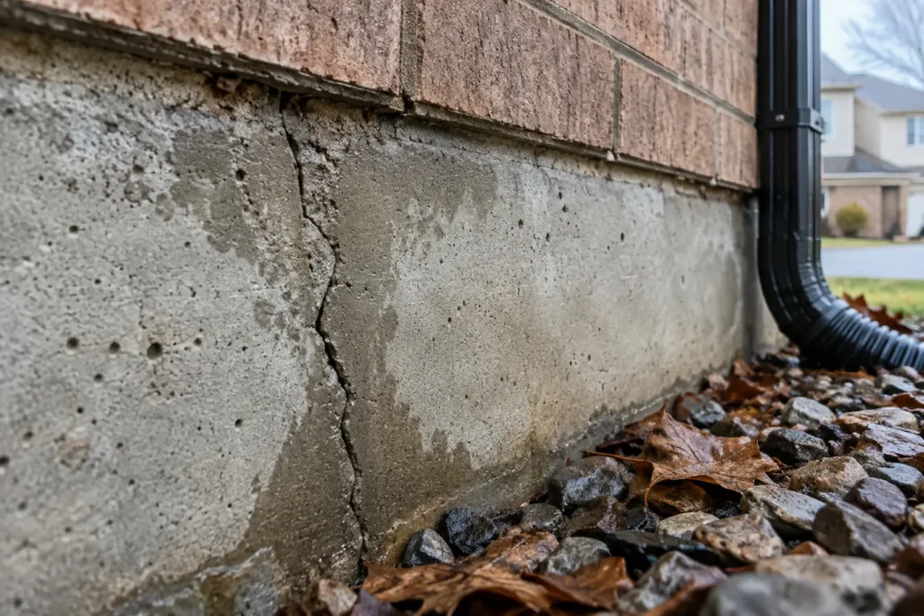 Rainwater beside a damp exterior foundation wall and downspout