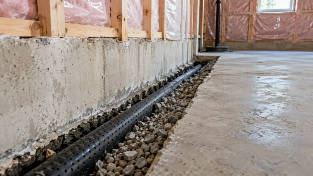 Interior perimeter drainage pipe beside a concrete foundation