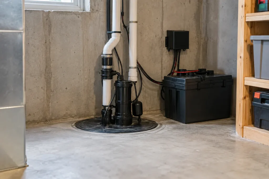 Primary sump pump and battery backup in basement utility area