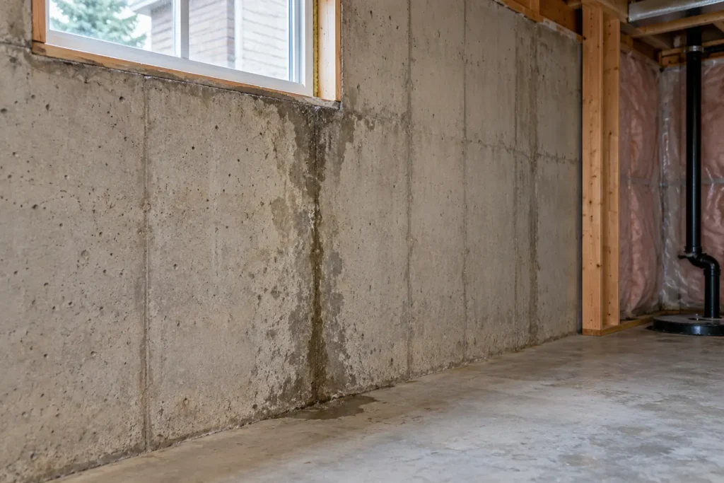 Moisture staining on exposed basement foundation wall