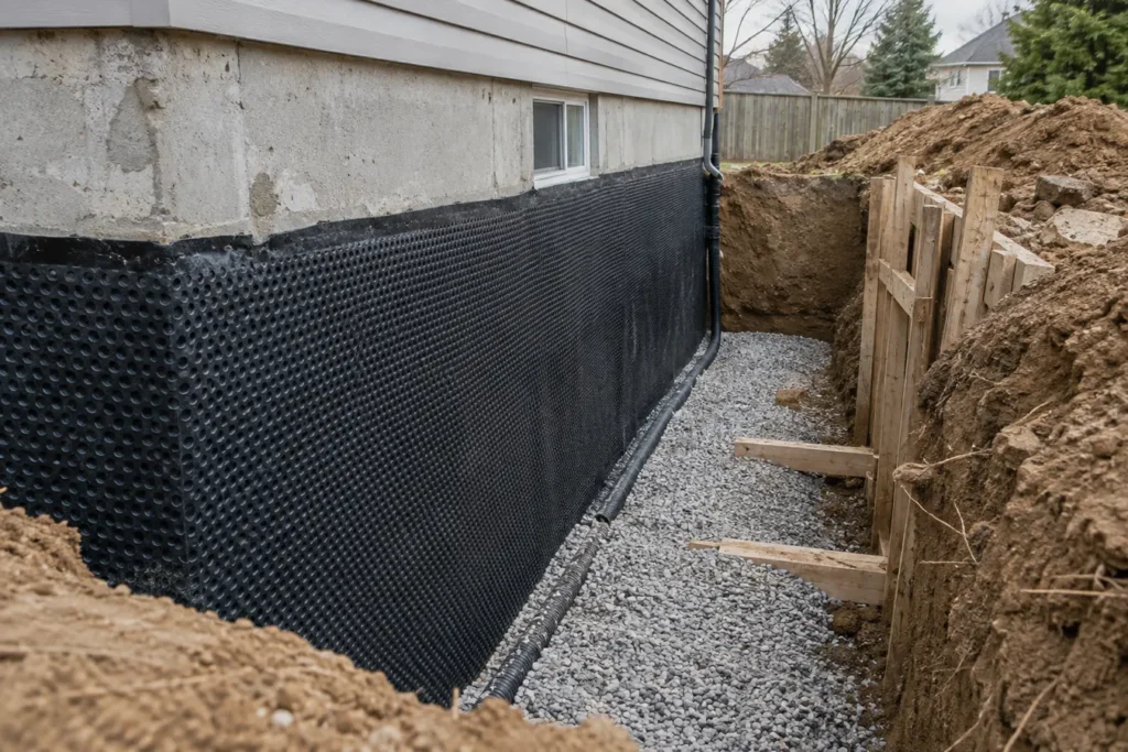 Excavated foundation with drainage membrane and stone