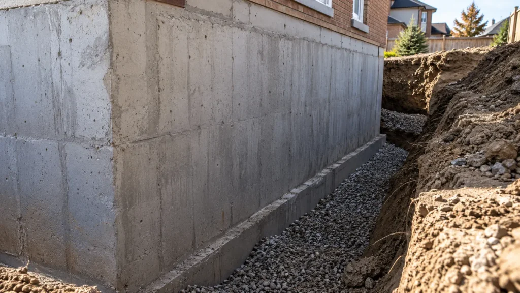 Exposed concrete foundation wall in a residential excavation
