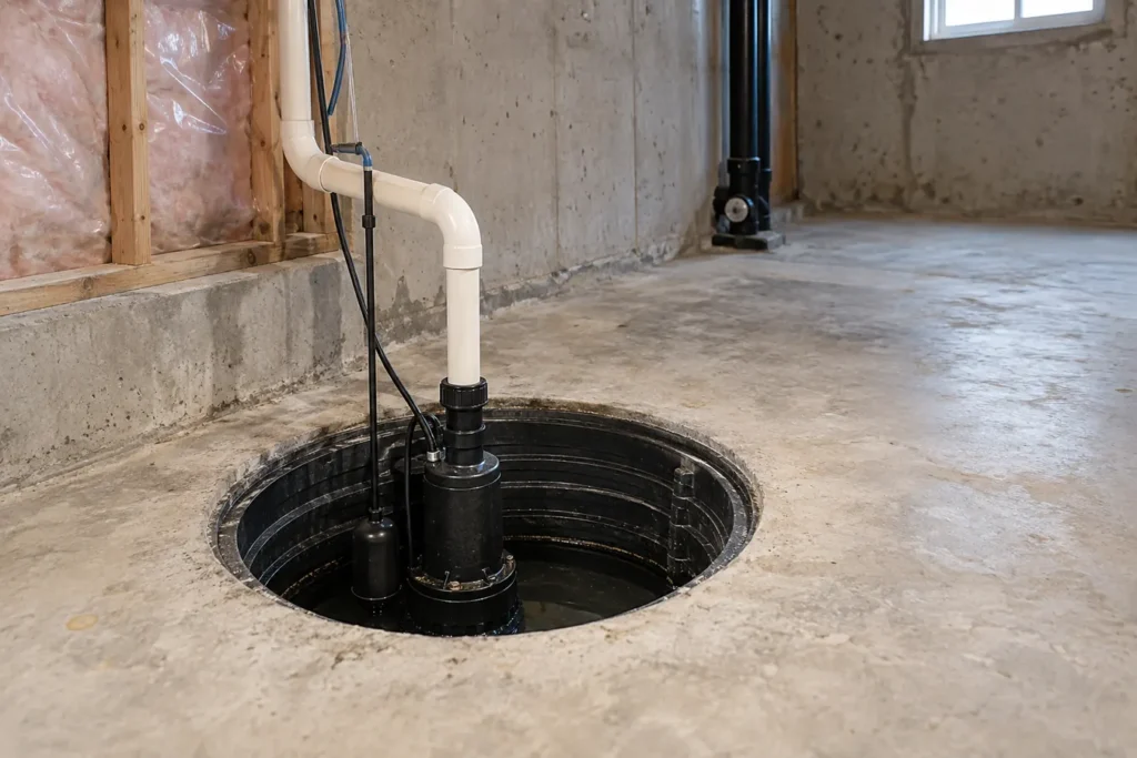New sump pump installed in a basement floor pit