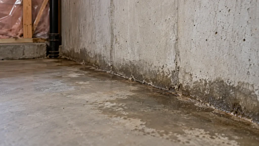 Damp wall-floor joint along an unfinished basement