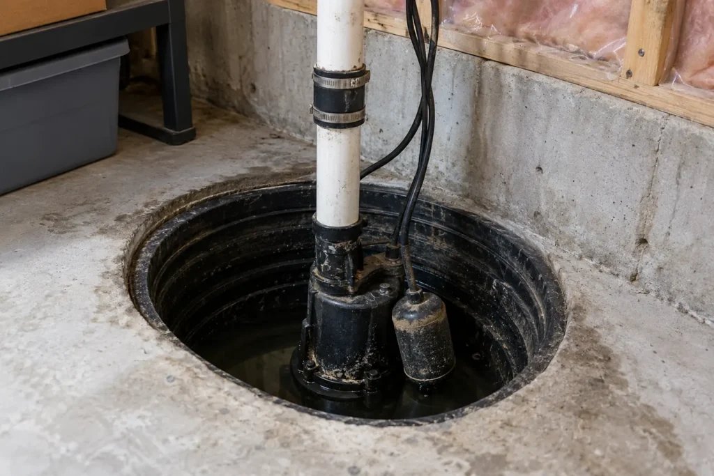 Existing sump pump and discharge line in basement pit