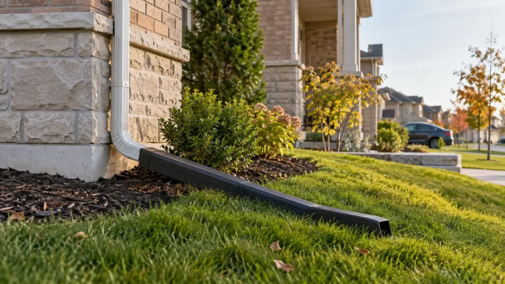 Downspout discharging away from a residential foundation