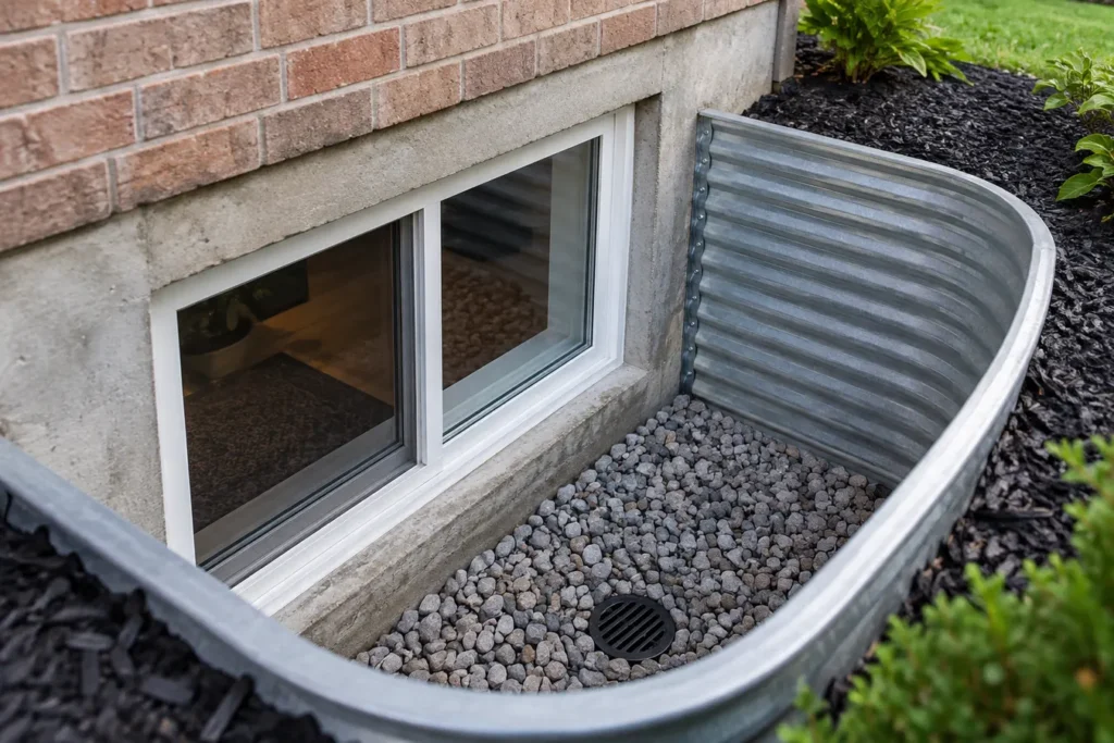 Basement window well with gravel and drainage
