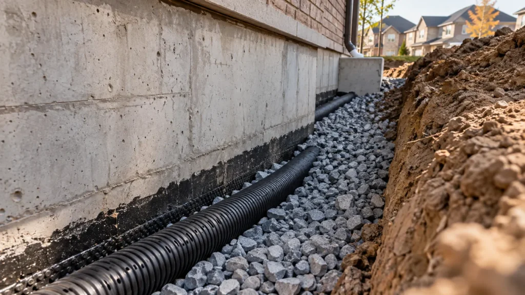 Perforated weeping tile beside a foundation footing