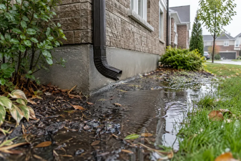 Rainwater collecting beside an exterior foundation