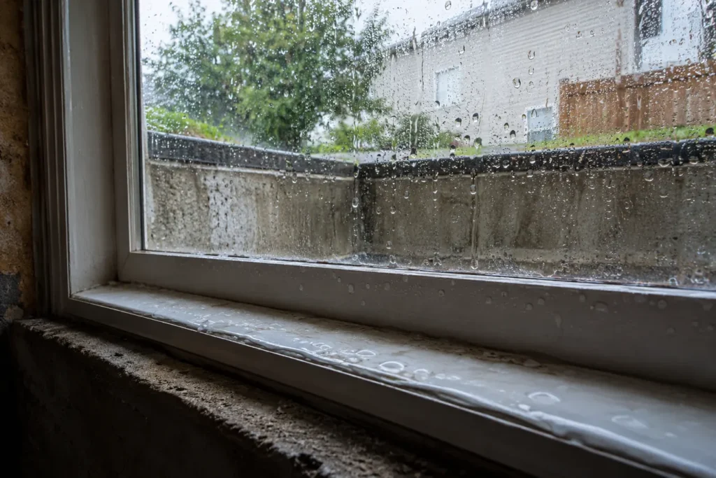Water droplets on inside of basement window frame after rainfall