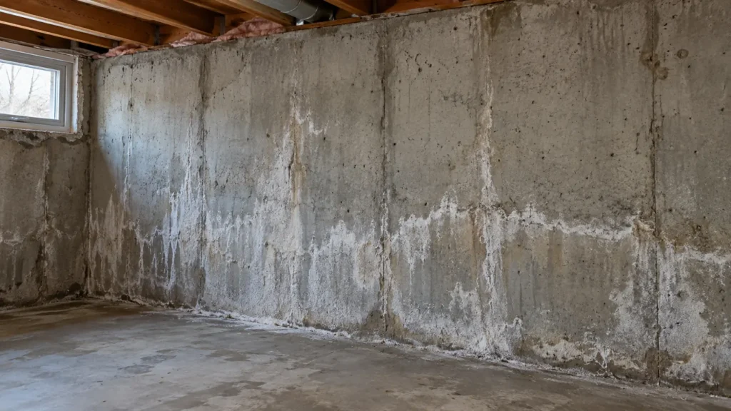 Old concrete basement wall showing white efflorescence and mineral deposits