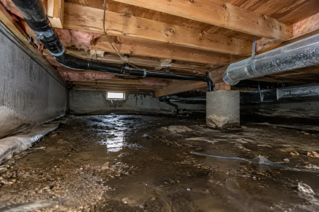 Residential crawl space with damp ground and exposed joists