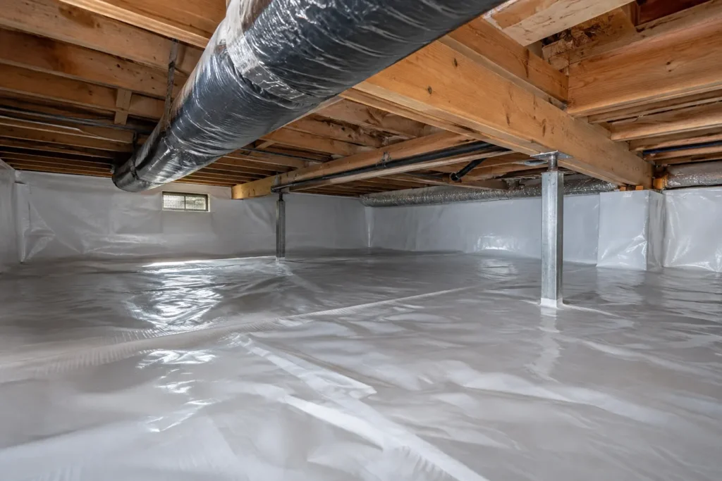 Clean crawl space liner installed over soil with sealed edges