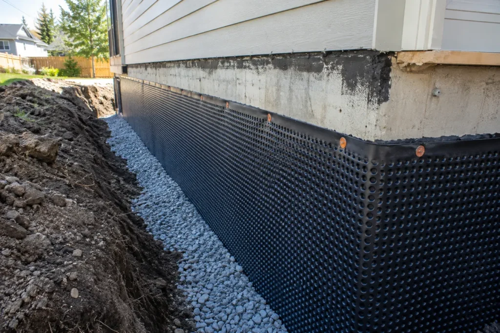 Fresh drainage membrane fixed against foundation wall during exterior work