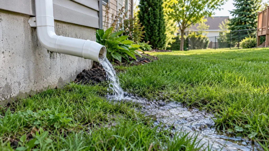 Sump pump discharge outlet on exterior lawn with runoff away from house
