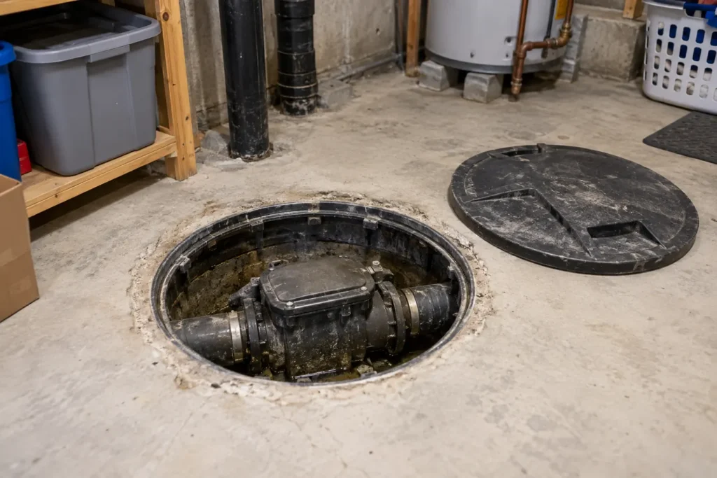 Backwater valve access cover opened in basement slab