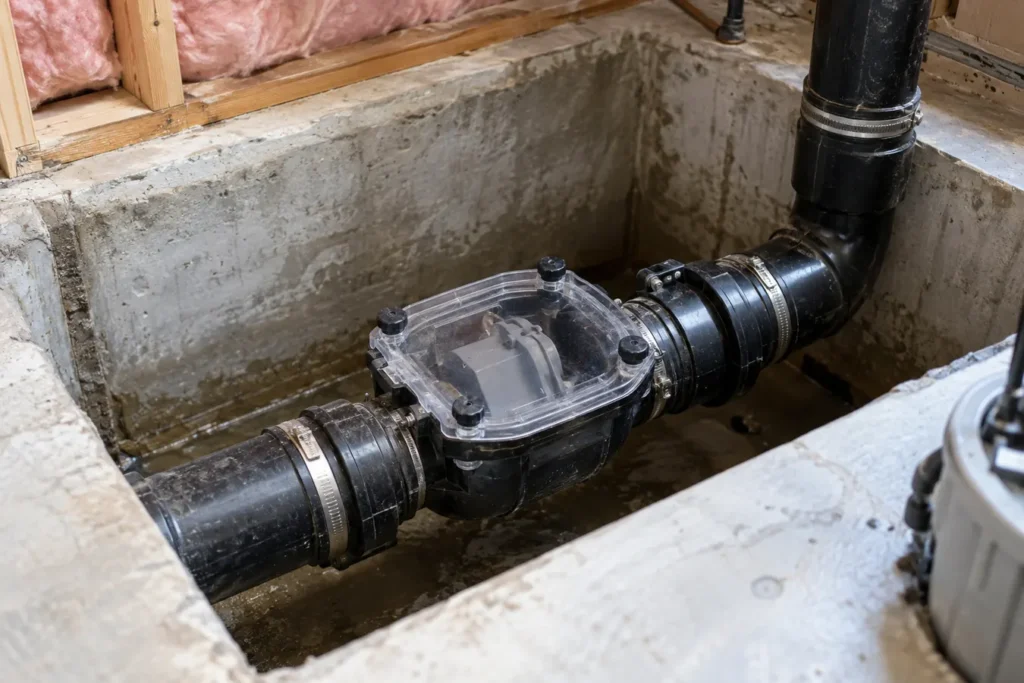 Close view of accessible backwater valve inside clean service pit