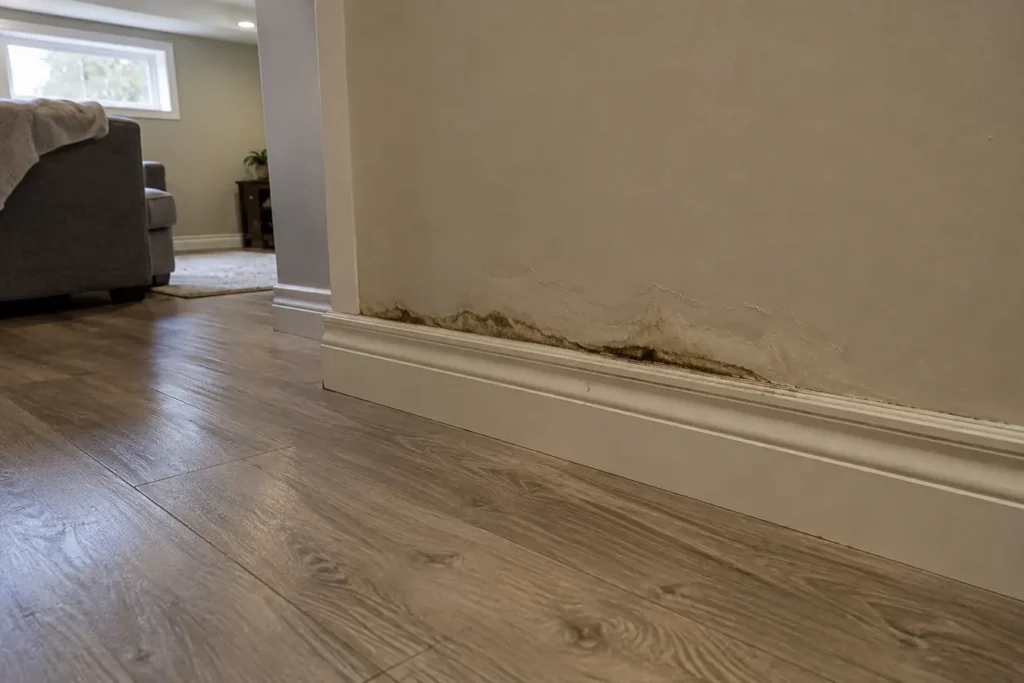Finished basement baseboard with localized dark water staining