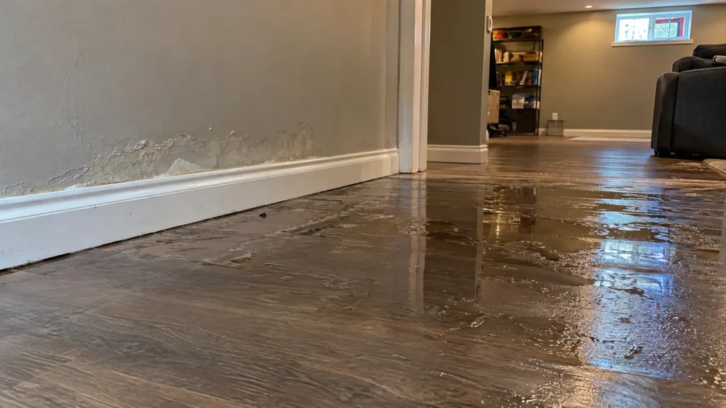 Water-soaked laminate floor in finished basement near wall