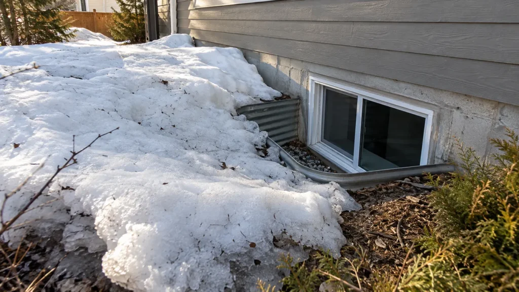 Snow piled next to basement window well during early thaw