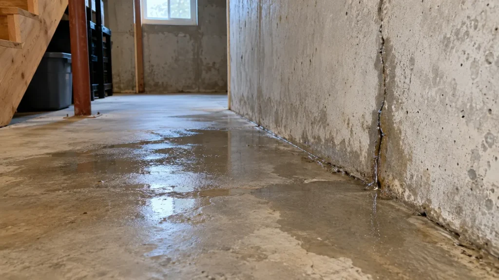 Wet concrete basement floor with seepage from hairline crack