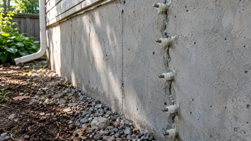 Foundation crack repair injection ports along vertical concrete crack