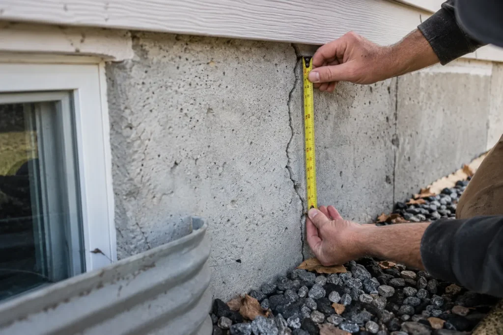 Contractor hands documenting a concrete wall crack with measuring tape