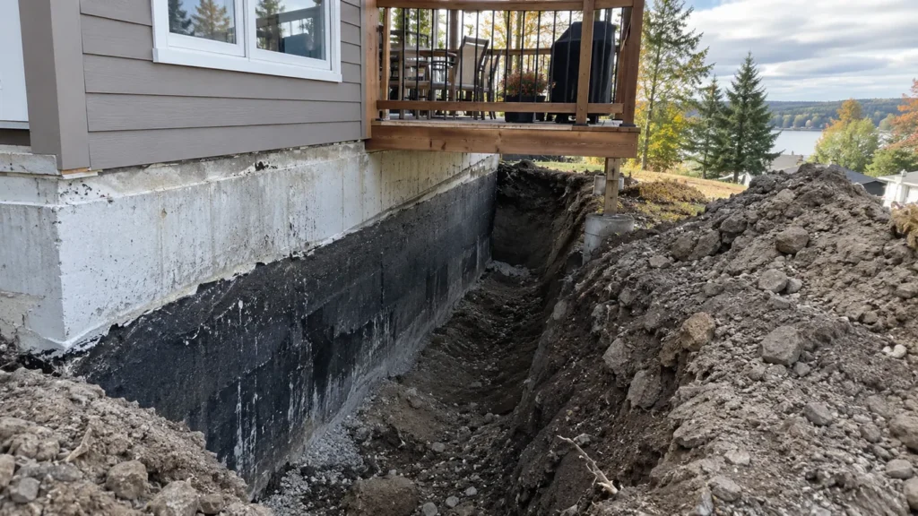 Excavation beside residential deck exposing foundation wall
