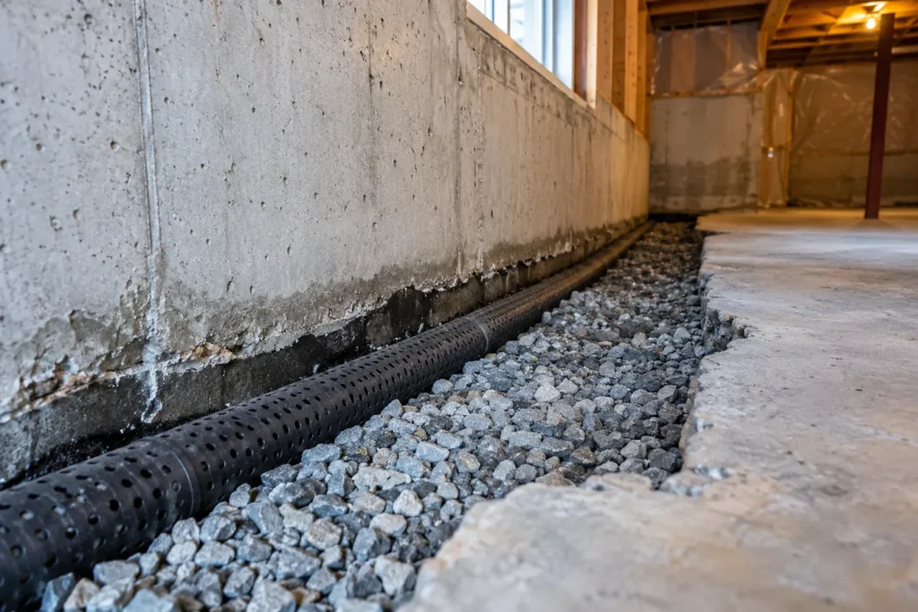 Drainage stone and perforated pipe in an interior perimeter trench