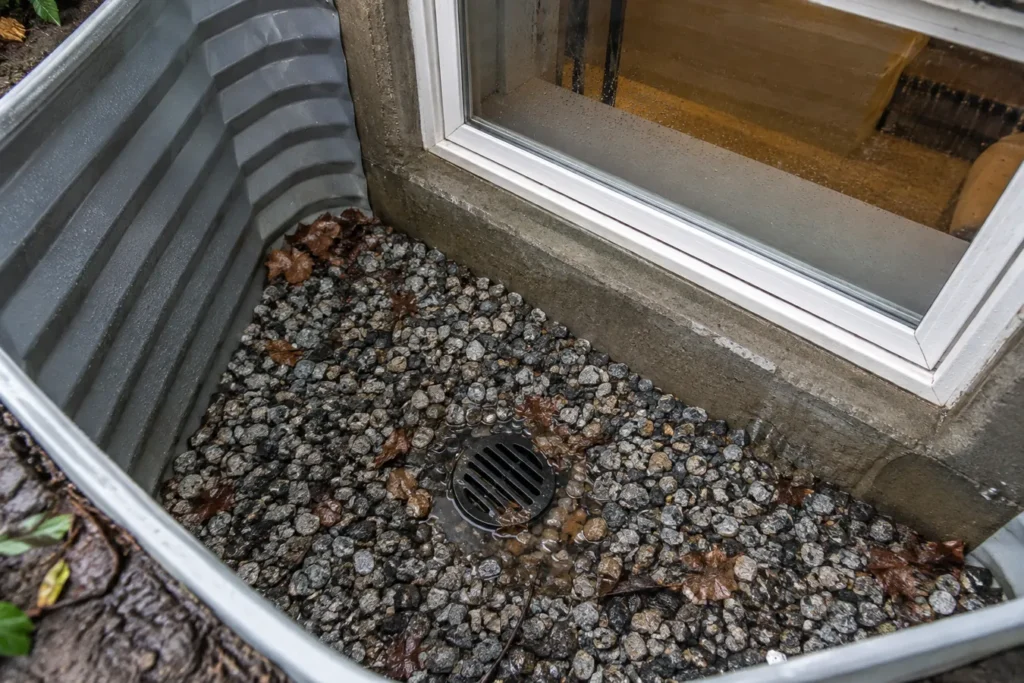 Gravel and drain at bottom of basement window well after rainfall
