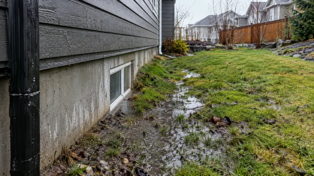Wet exterior wall and poor grade sloping toward home