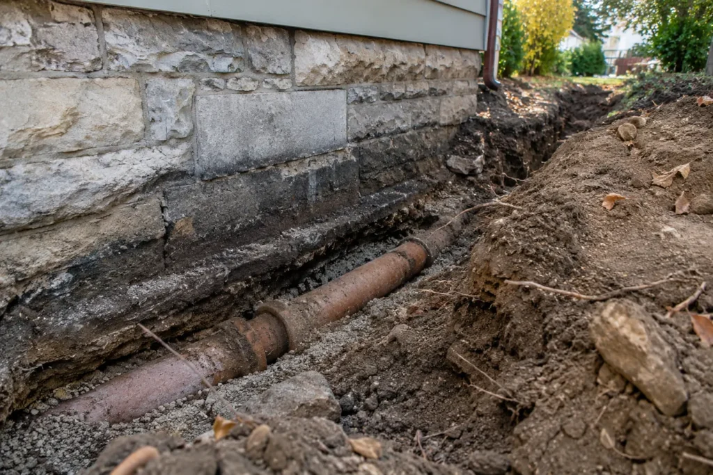 Older clay foundation drainage tile exposed during excavation