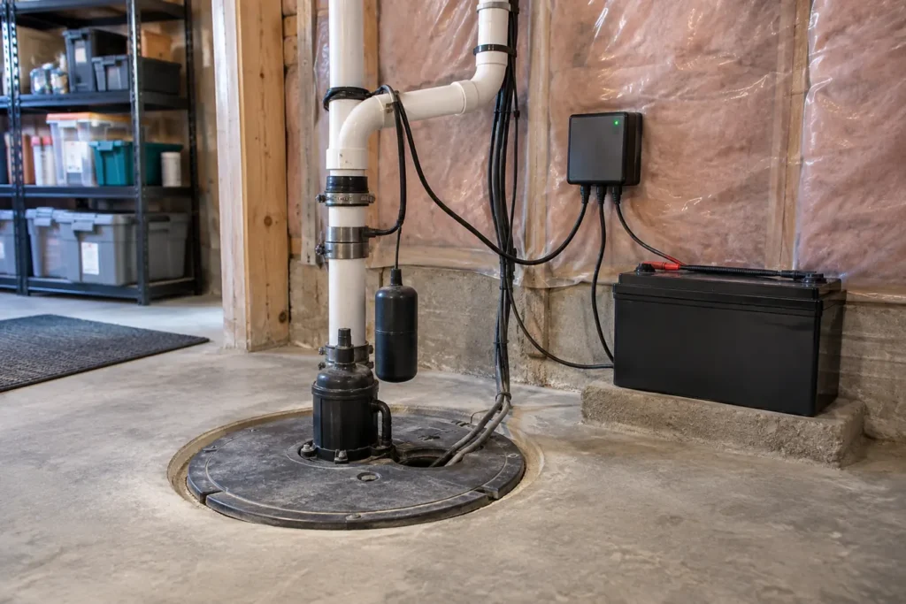 Utility room with sump pump alarm and battery backup