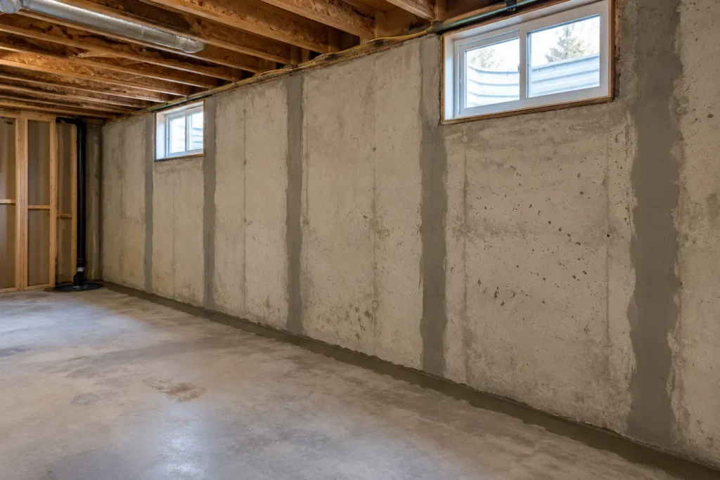 Dry basement foundation wall after waterproofing work, unfinished