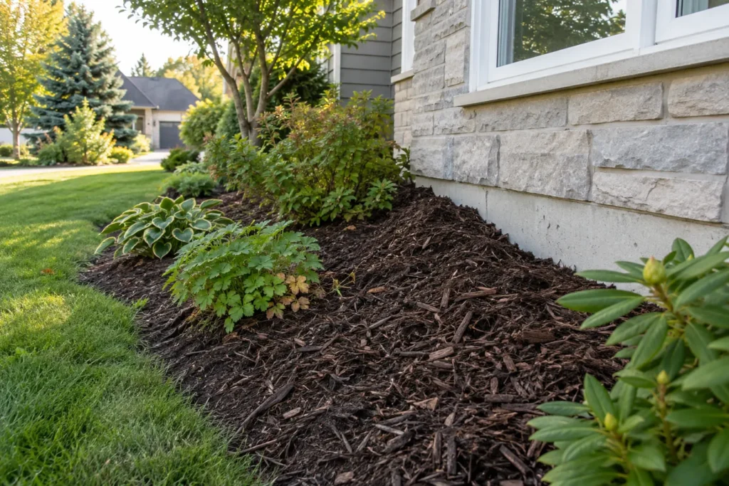Garden bed with mulch piled too high against foundation