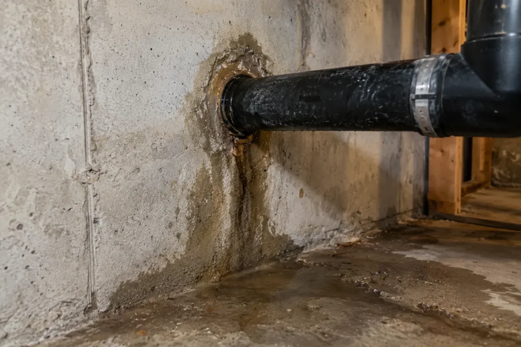 Concrete basement wall penetration around pipe with moisture