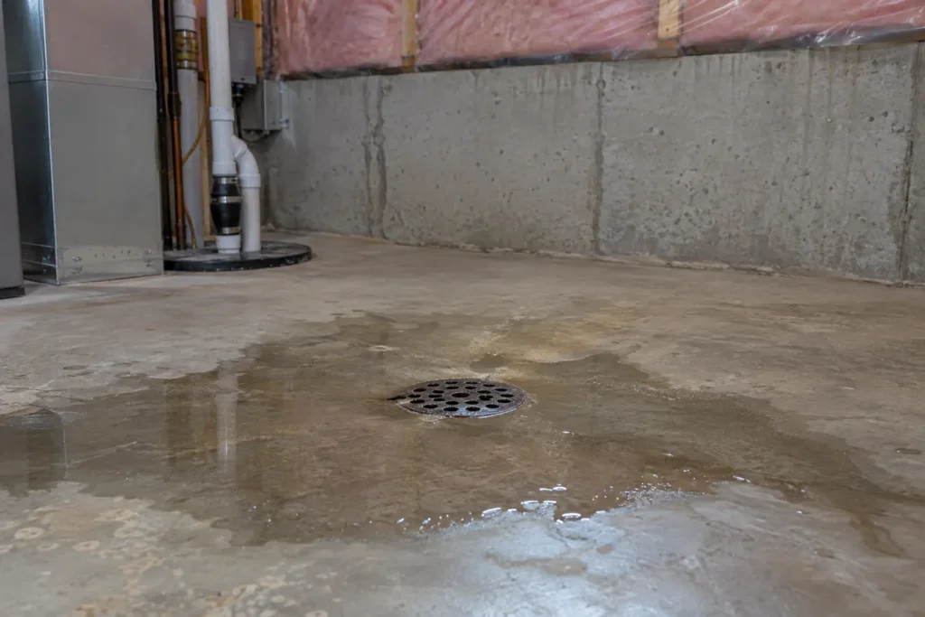 Basement floor drain with water near cover in unfinished utility room
