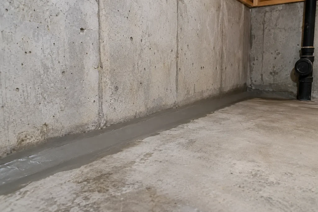 Fresh wall-floor joint repair area in concrete basement