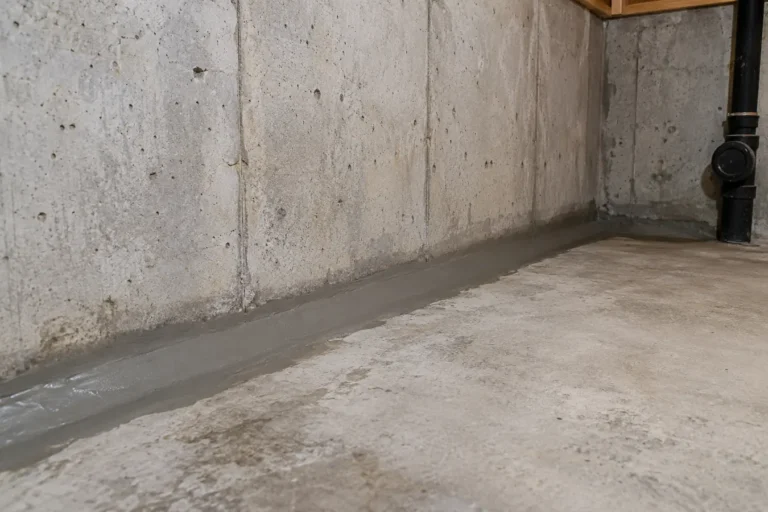 Fresh wall-floor joint repair area in concrete basement