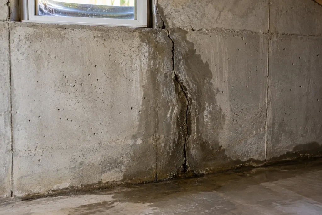 Close up of basement wall crack with dark wet streak after thaw