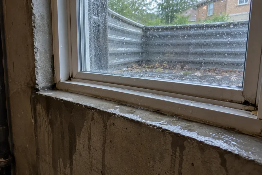 Basement window frame showing rainwater infiltration along sill