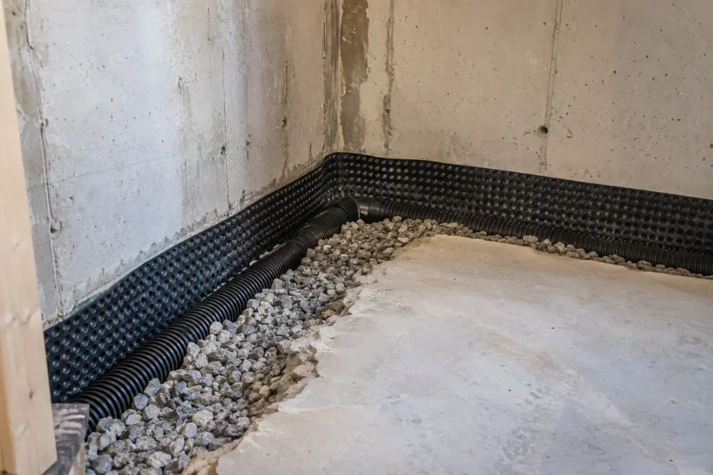 Interior perimeter drain installation at basement corner