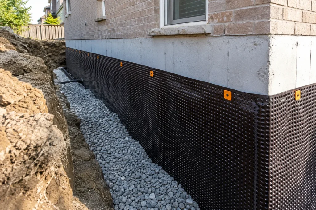 Residential foundation excavation with dimple board and stone