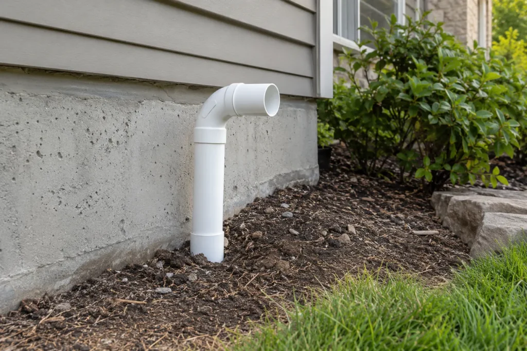 New white PVC sump discharge line emerging above ground