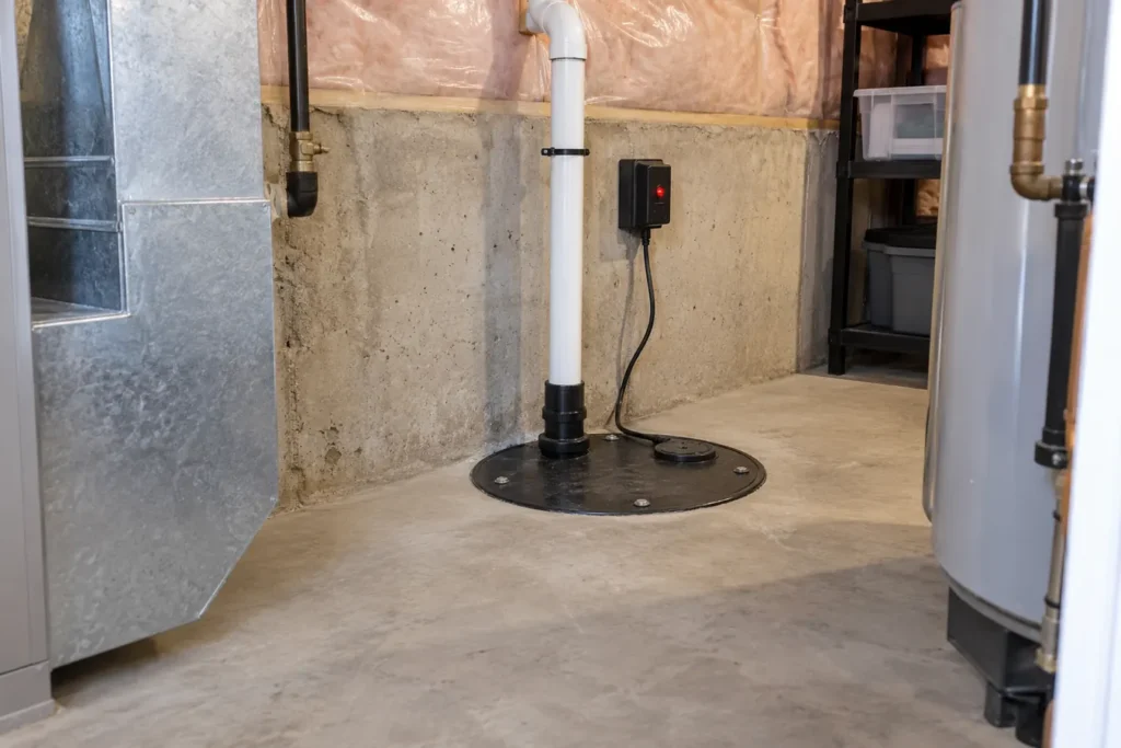 Sump pit lid and alarm in tidy mechanical room