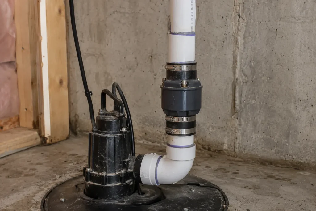 Close view of check valve and pump discharge plumbing