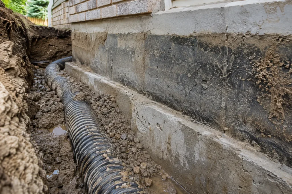 Old corrugated drainage pipe with silt beside exposed footing