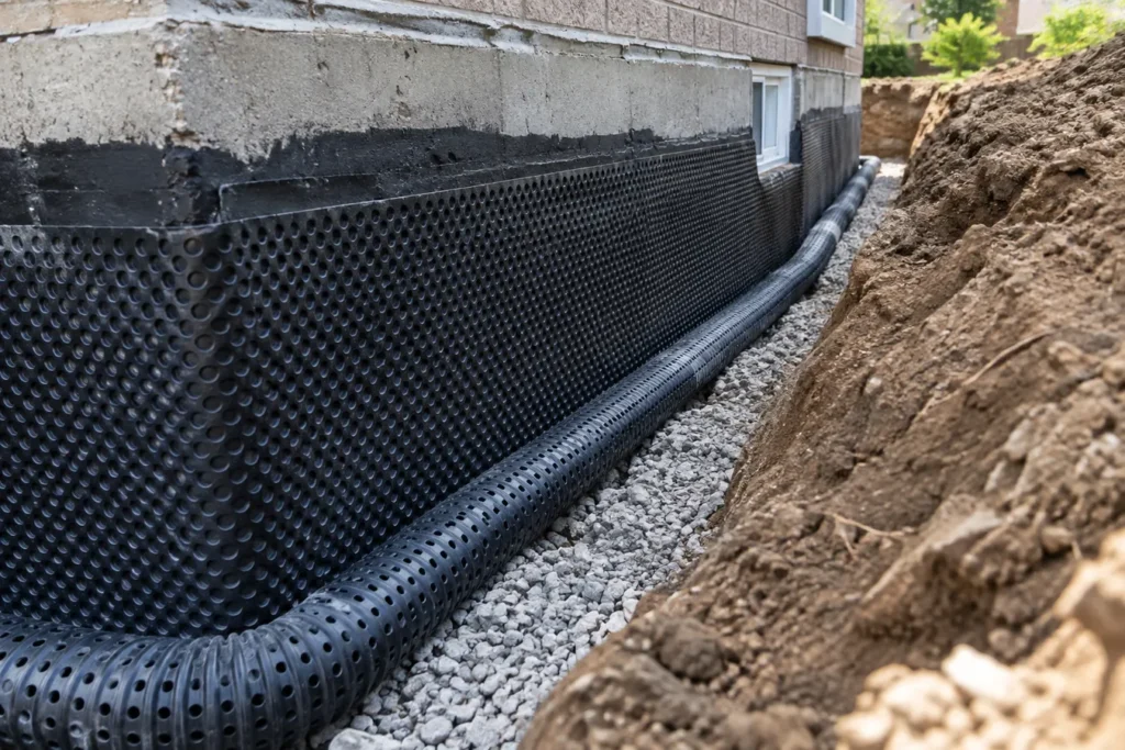 New rigid perforated weeping tile along foundation footing