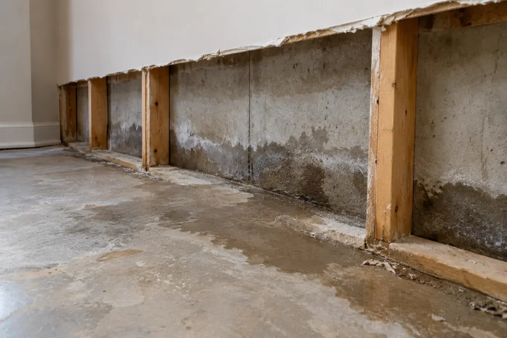 Basement drywall lower edge removed exposing damp concrete