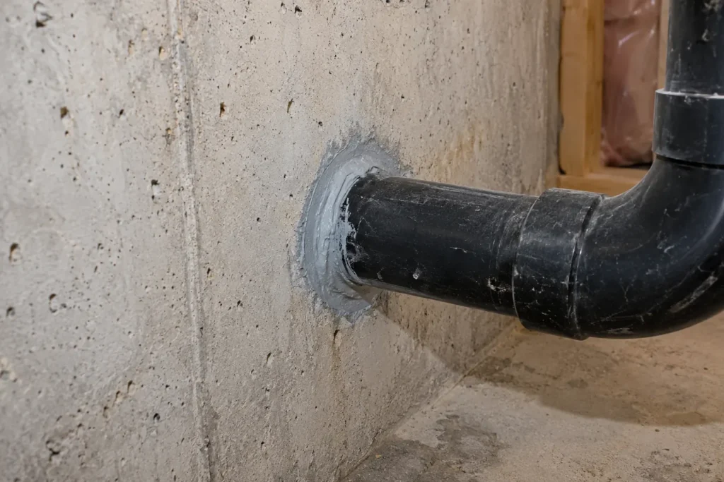 Foundation wall pipe penetration with sealant repair detail